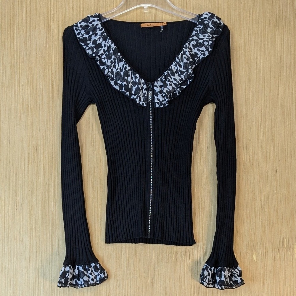 Belldini Y2K Black Ribbed Knit Cardigan Animal Print Ruffle Stretch Rhinestone M